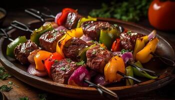 Grilled meat and vegetable skewers on rustic wooden plate generated by AI photo