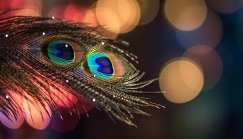 Vibrant peacock feathers showcase elegance and beauty in nature design generated by AI photo