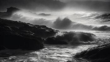 Breaking waves spray rough coastline, dramatic sky in awe inspiring seascape generated by AI photo