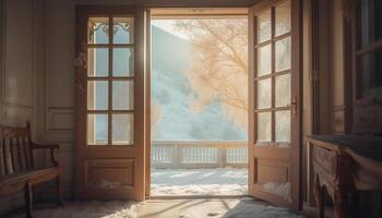 Sunlight streams through old fashioned window, revealing rustic winter landscape generated by AI photo