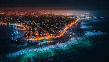 iluminado ciudad horizonte refleja en multi de colores agua a oscuridad generado por ai foto