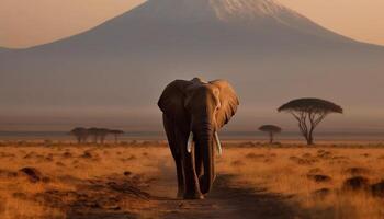 majestuoso elefante en africano sabana a atardecer, colmillo y maletero generado por ai foto