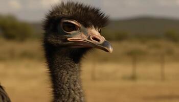 peludo sabana pájaro curioso con selectivo atención en pico generado por ai foto