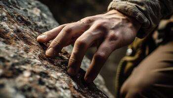 Man conquers mountain cliff with strength and determination generated by AI photo