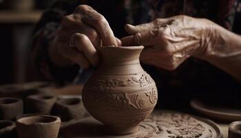 Craftspeople turning wet clay on pottery wheel, creating beautiful earthenware generated by AI photo