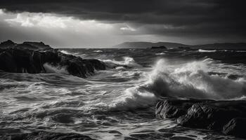 montañoso olas choque en contra rocoso línea costera en dramático monocromo movimiento generado por ai foto