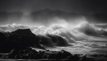 Breaking wave crashes against rocky coastline, spray splashing in monochrome generated by AI photo