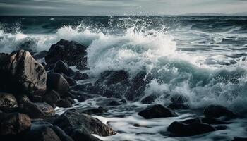 Breaking waves crash against rocky coastline, dramatic sky above horizon generated by AI photo