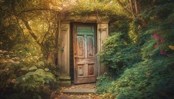 abandonado cabaña en antiguo bosque, un tranquilo otoño misterio generado por ai foto