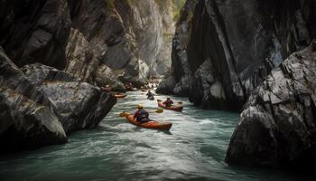 Men and women paddle nautical vessels through extreme terrain rapids generated by AI photo