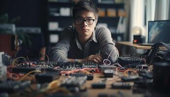 One Caucasian technician soldering circuit board, holding computer chip with expertise generated by AI photo