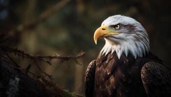 Majestic bald eagle perching on branch, symbol of American pride generated by AI photo