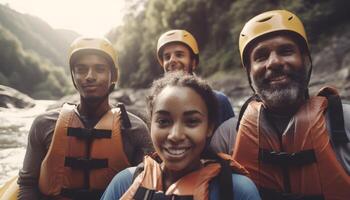 A group of cheerful men smiling, looking at camera outdoors generated by AI photo