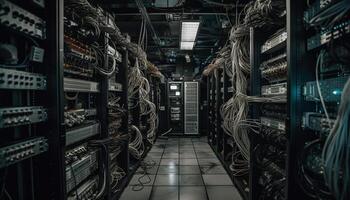 Computer equipment in a row, working inside of crowded warehouse generated by AI photo