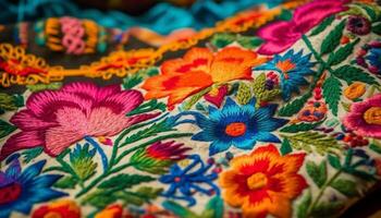 Vibrant wool tapestry showcases intricate floral embroidery of Turkish culture generated by AI photo