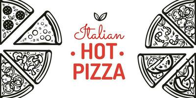 Italian pizza and ingredients. Italian cuisine banner design template. Pizzeria banner design template. Vintage hand-drawn sketch of vector illustration.