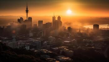 Silhouette of modern city skyline at dawn, high up view generated by AI photo