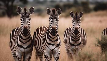 Striped zebra herd in African wilderness, standing in a row generated by AI photo