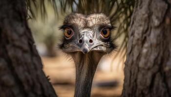 avestruz retrato cerca arriba de plumado pico y curioso animal ojo generado por ai foto