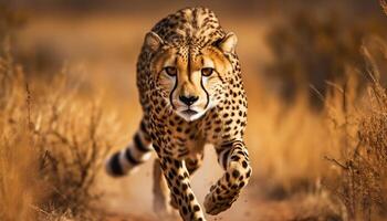 African cheetah walking on plain, staring with alertness generated by AI photo