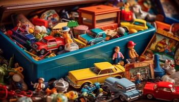 pequeño juguete coche recopilación, multi de colores figuritas, juguetón infancia recuerdos generado por ai foto