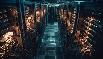 Futuristic computer lab with network server and data storage room generated by AI photo