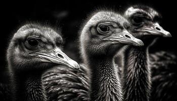 Animal portrait Close up of ostrich head with feathered beak generated by AI photo