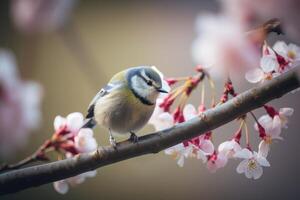 Eurasian blue tit bird sitting on a cherry blossom tree branch. Close-up shot of a cute small bird on a blurry nature background. Sakura flower branch with beautiful blue tit bird. . photo