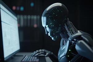 3d rendering male cyborg working with a computer on a dark background, A futuristic AI robot programming on a personal computer, photo