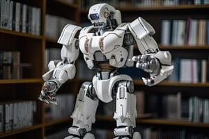 Robot on the background of bookshelves in the library. An AI robot librarian stocking books in a library, photo
