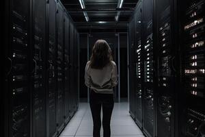 Rear view of a young woman standing in a server room. A woman server engineer full rear view with a laptop checking server, photo