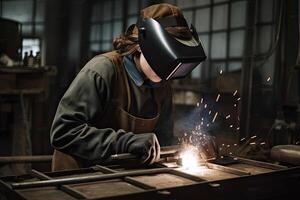 Welder in protective mask welds metal with arc welding machine. A worker wearing a welding helmet welding a metal piece, shielded from sparks, photo