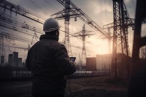 ingeniero trabajando en un construcción sitio utilizando un móvil teléfono con alto voltaje torres en el fondo, un eléctrico ingeniero posterior ver laboral, ai generado foto