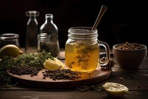 Cup of green tea with lemon and thyme on wooden table, A hot herbal tea in a cup with a jar of honey and herb leaves, photo