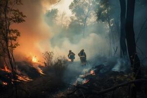 A huge wildfire in a forest with dense smoke and flames. Dangerous wildfire in a jungle and firefighters trying to put out the fire. A forest fire and firefighter concept. . photo