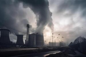 poder planta contaminador el ambiente. contaminación de el atmósfera. carbón energía producción industria produce electricidad mediante el combustión de carbón y clausura ambiente problema, ai generado foto