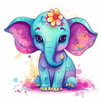 Cute elephant baby cartoon bundle design. Colorful baby elephant cartoon with color splashes. Cute elephant baby cartoon illustration on a white background. . photo