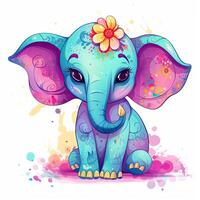 linda elefante bebé dibujos animados haz diseño. vistoso bebé elefante dibujos animados con color salpicaduras linda elefante bebé dibujos animados ilustración en un blanco antecedentes. ai generado. foto