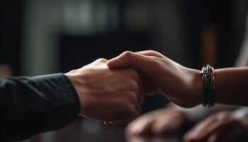 Successful business handshake between two coworkers in corporate office generated by AI photo