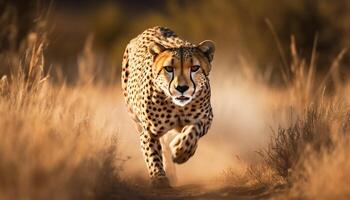Majestic cheetah walking in the savannah, alertness in its eyes generated by AI photo