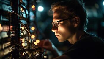 Young adult Caucasian male engineer working with technology indoors at night generated by AI photo