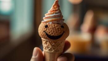 Holding ice cream cone, smiling with joy, indulging in sweetness generated by AI photo