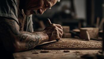 One skilled carpenter working on a leather carving with concentration generated by AI photo