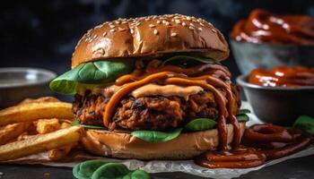 Grilled beef burger with cheese, fries, and fresh tomato generated by AI photo