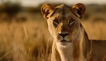 majestuoso leona caminando en el sabana, vigilancia en su ojos generado por ai foto