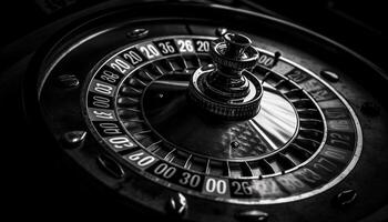 Roulette wheel spinning, chance for jackpot, black background elegance generated by AI photo
