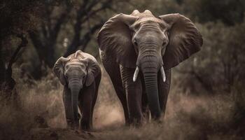 Large African elephant herd walking through tranquil savannah wilderness generated by AI photo