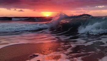 Breaking waves crash majestically at waters edge, reflecting sunlight generated by AI photo