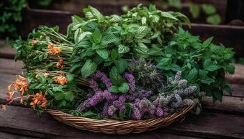 Bunch of hydrangeas in a rustic basket, perfect gift arrangement generated by AI photo