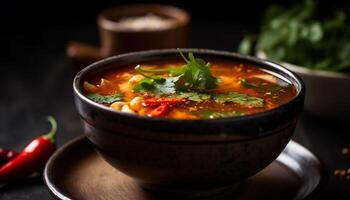 Rustic bowl of seafood stew with fresh herbs and vegetables generated by AI photo